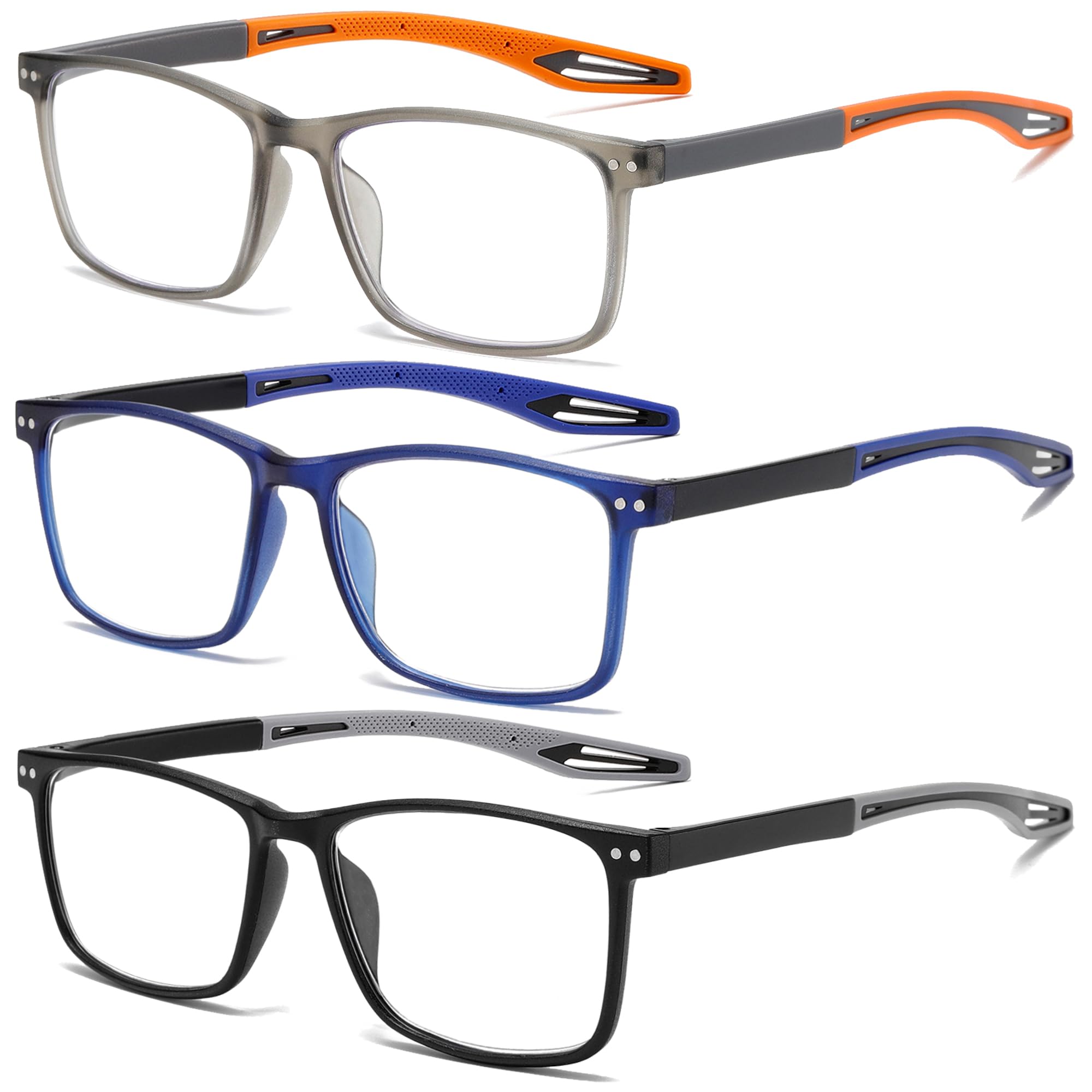 Fsread 3 Pack Reading Glasses for Men Sporty Style Blue Light Blocking Square Fr