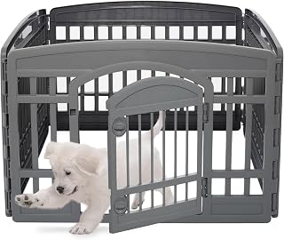 Iris Ohyama CI-604E WD Puppy Run with 4 Panels and Lockable Door, Height 60 cm, Eco Grey, Cat Enclosure, Dog Box, for Outdoor, Indoor, Puppy Playpen, Dog Fence, Puppy Fence, Playpen Dog