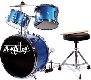 Music Alley 3 Piece Kids Drum Set with Throne, Cymbal & Sticks, Blue | Junior drum set for kids with bass drum, snare, tom, cymbal, pedal, throne and sticks for young beginners