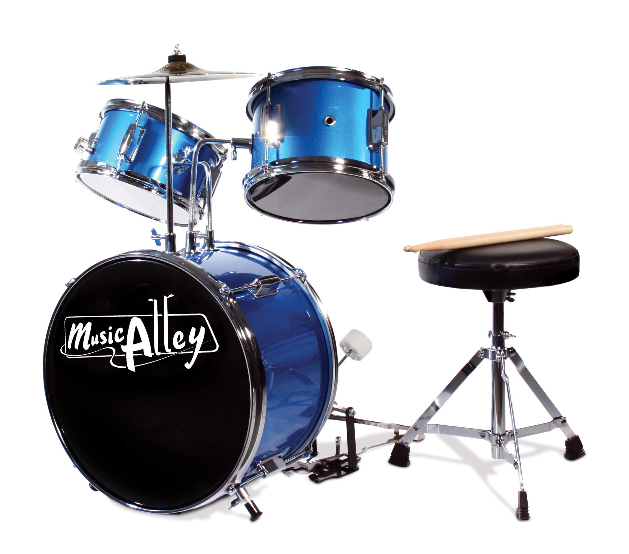 Music Alley 3 Piece Kids Drum Set with Throne, Cymbal & Sticks, Blue | Junior dr