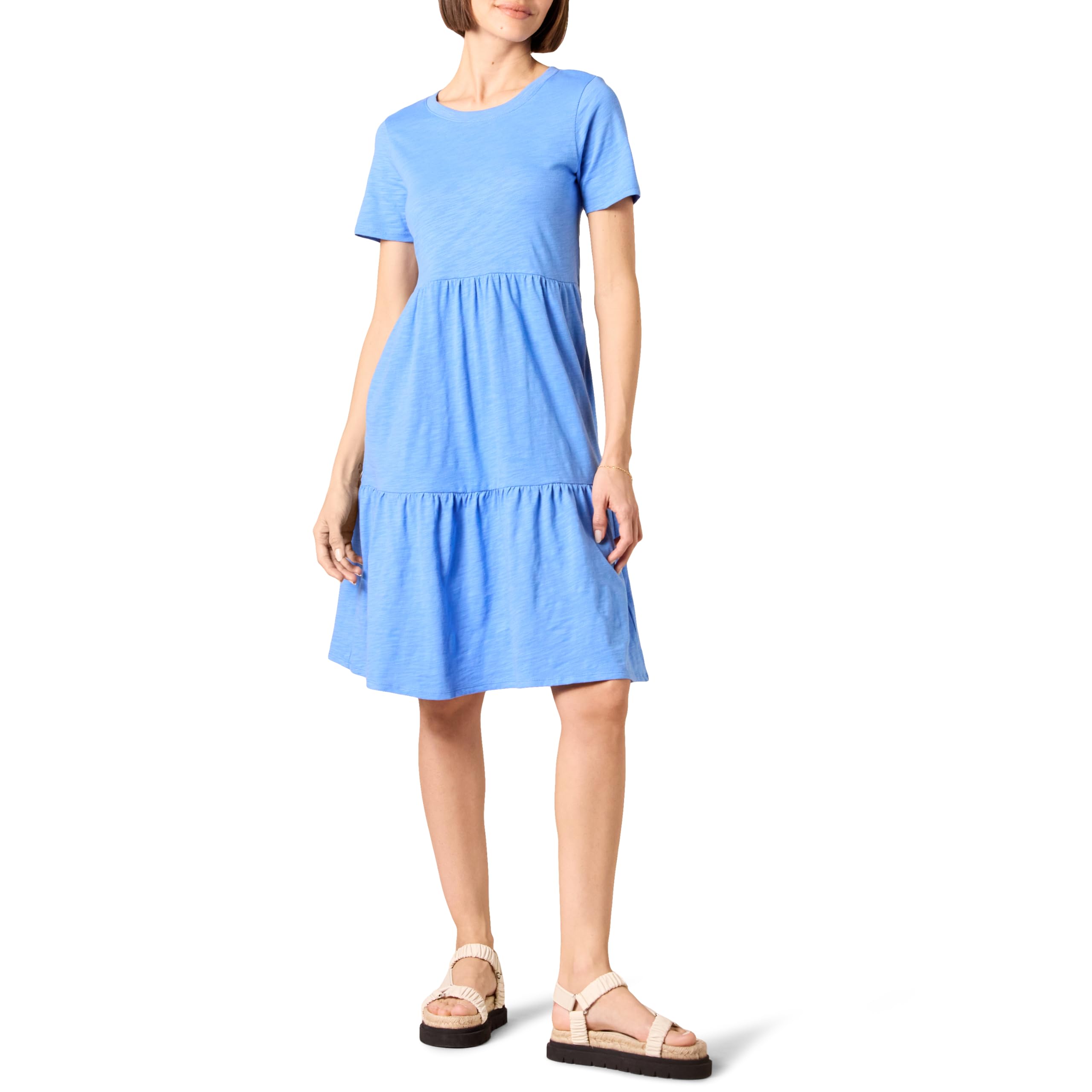 Amazon Essentials Women's Casual Cotton Short Sleeve Crew Neck Tiered Dress