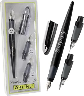 Online calligraphy-set AIR black, fountain pen with 3 calligraphy nibs in 3 line widths 0.8/1.4/1.8 mm, standard ink cartridges or converter, gift set for writing fans, journaling, lettering