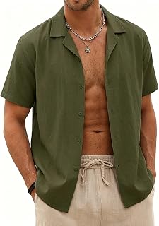 Halfword Men's Linen Short Sleeve Summer Cotton Shirt Casual Buttons Plain