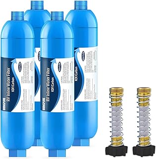 4 Packs Bringpure RV Inline KDF Water Filter with Flexible Hose Protector, NSF Certiified, Reduces Chlorine, Odor, Lead, Fluoride and Bad Taste, Compatible with Camco 40013, 40041, 40043
