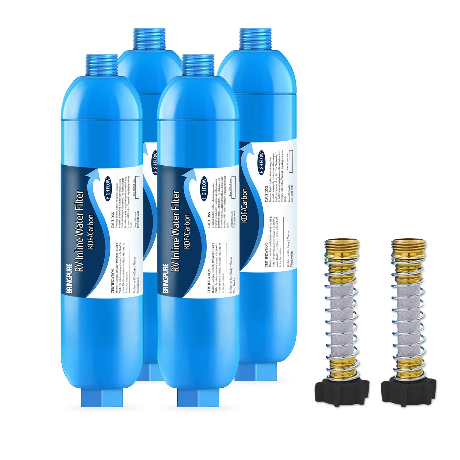 4 Packs Bringpure RV Inline KDF Water Filter with Flexible Hose Protector, NSF C