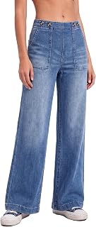 EMMIOL Jeans da donna a gamba larga, controllo della pancia, vita medio-alta, dritti, elasticizzati, in denim, con tasche