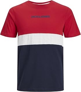 JACK & JONES Men's Plus Size Collar Block Tee with Logo Print Crew Neck Style JJEREID.
