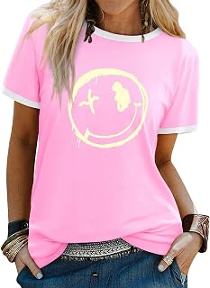 WIEIYM Women's T-Shirts Round Neck Short Sleeve T-Shirt Rainbow Graphic Summer T-Shirts Good Vibes Letter Print T-Shirts Casual Tops