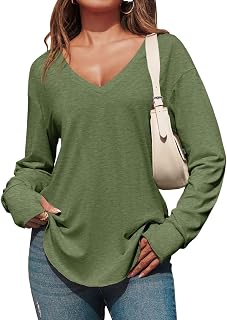 Tankaneo Women's Deep V Neck Long Sleeve Tunic Tops Oversized Casual Loose Fit Curved Hem