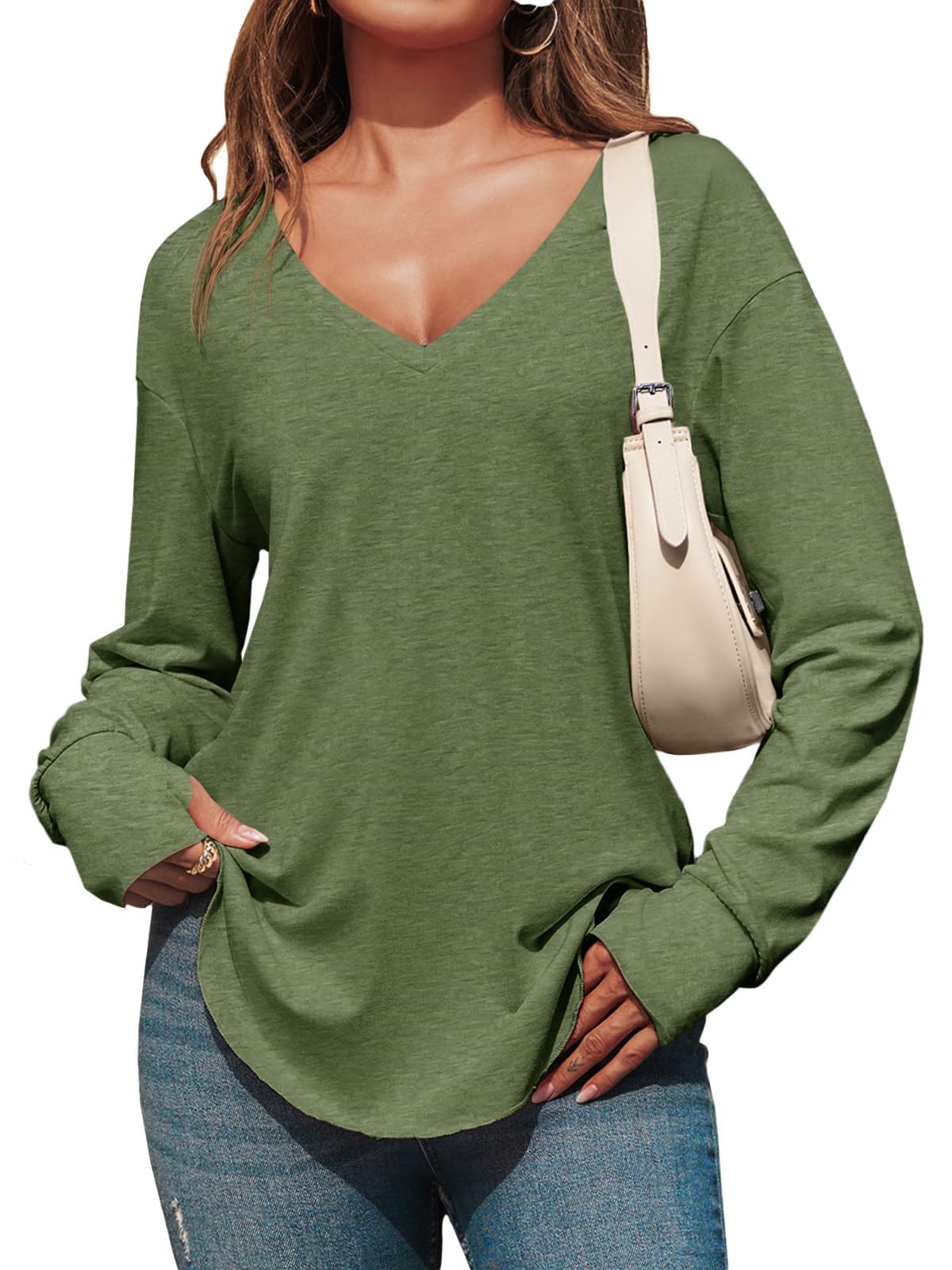Tankaneo Women's Deep V Neck Long Sleeve Tunic Tops Oversized Casual Loose Fit C