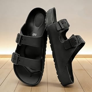 Unisex Cloud Sandals for Women Men, Double Adjustable Buckle EVA Pillow Flat Slides, Thick Sole Non-Slip Waterproof Casual Slippers for Indoor Outdoor Use, Black