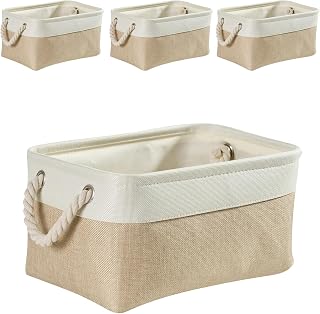 Mangata Fabric Storage Basket, Set of 4, Storage Box, Large Cabinet, Basket Storage Fabric with Rope for Toys, Wardrobe, Shelves, Clothes (Foldable, Light Khaki White)