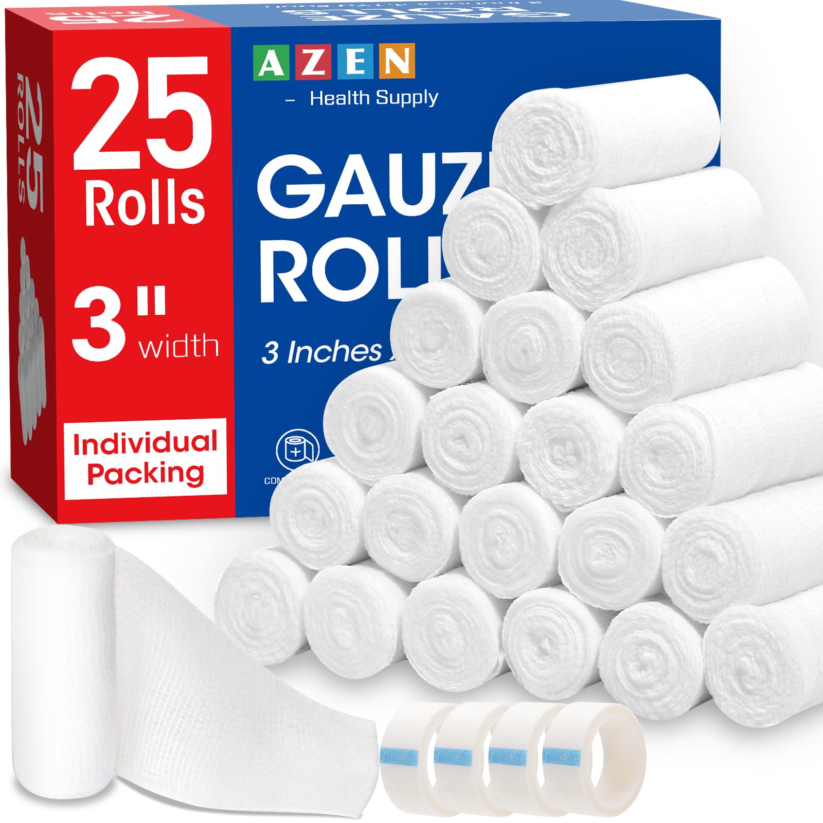 AZEN 25 Pack Gauze Rolls Bandages, 3 in x 4.1 Yards, Premium Medical Supplies & 