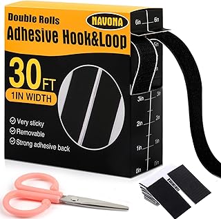 Navona 30Ft x 1 Inch Heavy Duty Hook and Loop Strips with Adhesive, Black | Extra-Strong Hold, Measuring Scale Liner, Bonus Scissors, Durable Nylon Hook & Loop Tape, Ideal for Home, Office & DIY