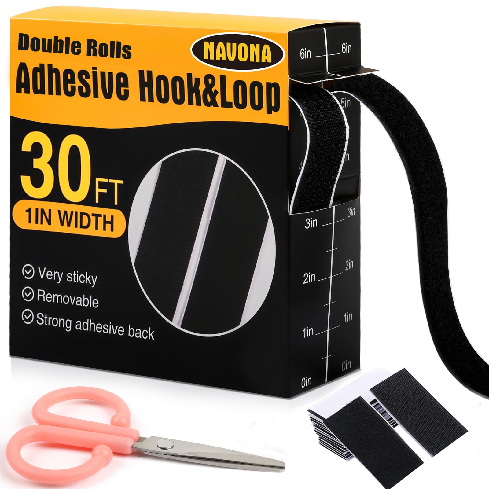 Navona 30Ft x 1 Inch Heavy Duty Hook and Loop Strips with Adhesive, Black | Extr