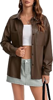 Women's Faux Leather Button Up Shirt Jacket Pleather Blouse Shacket Tops