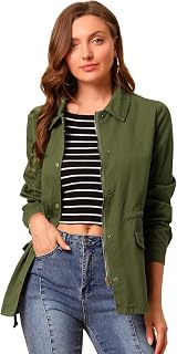 Allegra K Chaqueta utilitaria para mujer, con cremallera, cordón en la cintura, botones a presión, ligera, con bolsillos, Verde oliva, M