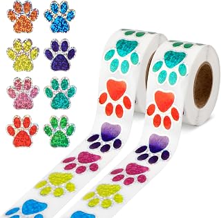 1000 Pcs Dog Paw Stickers 1" Colorful Printed Stickers Glitter Puppy Decal Self Adhesive Cute Cat Label Book Envelope Sticker Gift Decoration