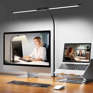 Woputne Flexible Dual Head LED Desk Lamp, Super Wide & Bright 960LM, 12W | 5 Color Modes x 10 Brightness Levels; Wide Angle; Computer Monitor Table Light with Clamp for Office Study Crafts Drawing