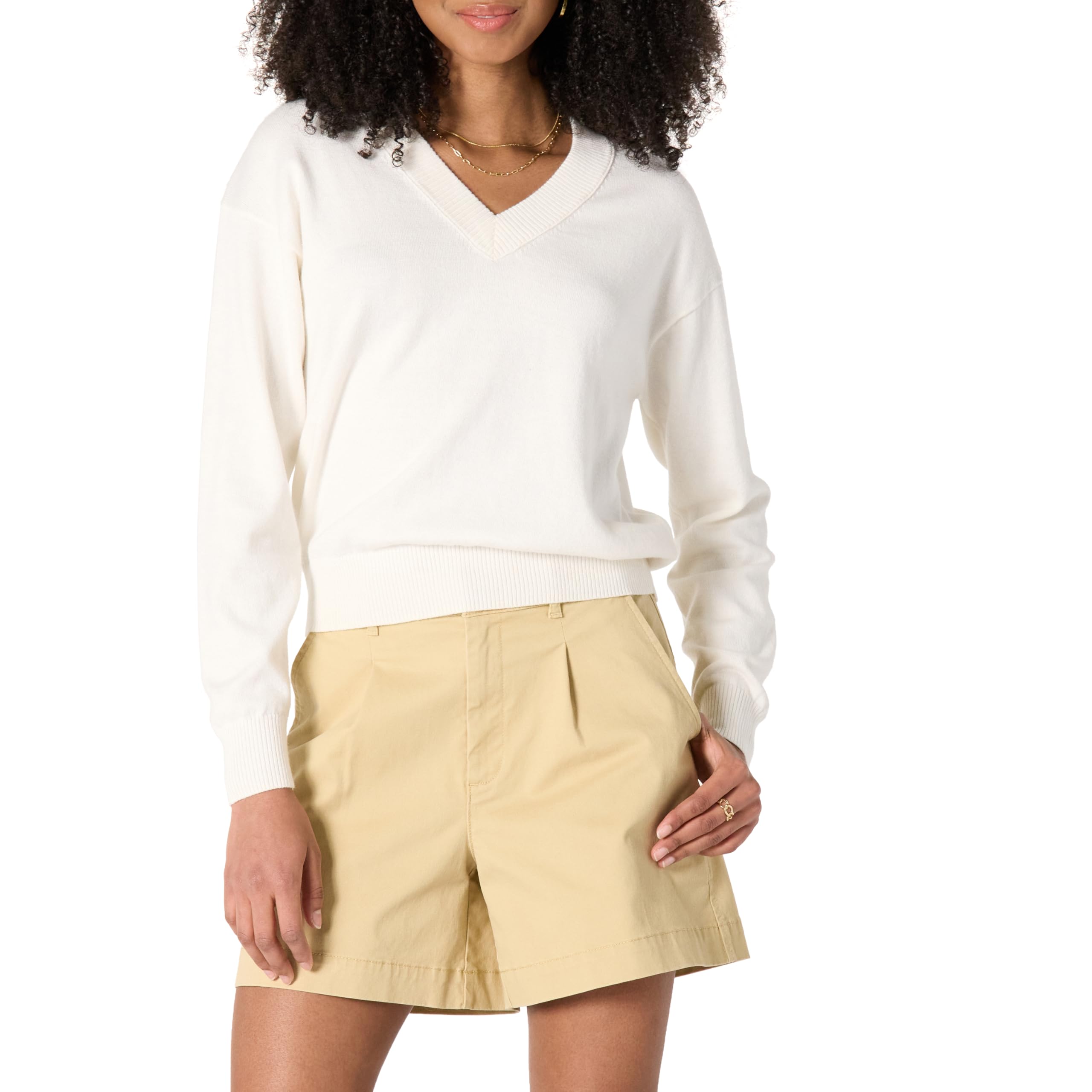 Amazon Essentials Womens Long Sleeve Relaxed-Fit Lightweight V-Neck Cropped Swea