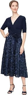 Alex Evenings Women's Tea Length Dress with Rosette Detail (Petite and Regular) Special Occasion Dress