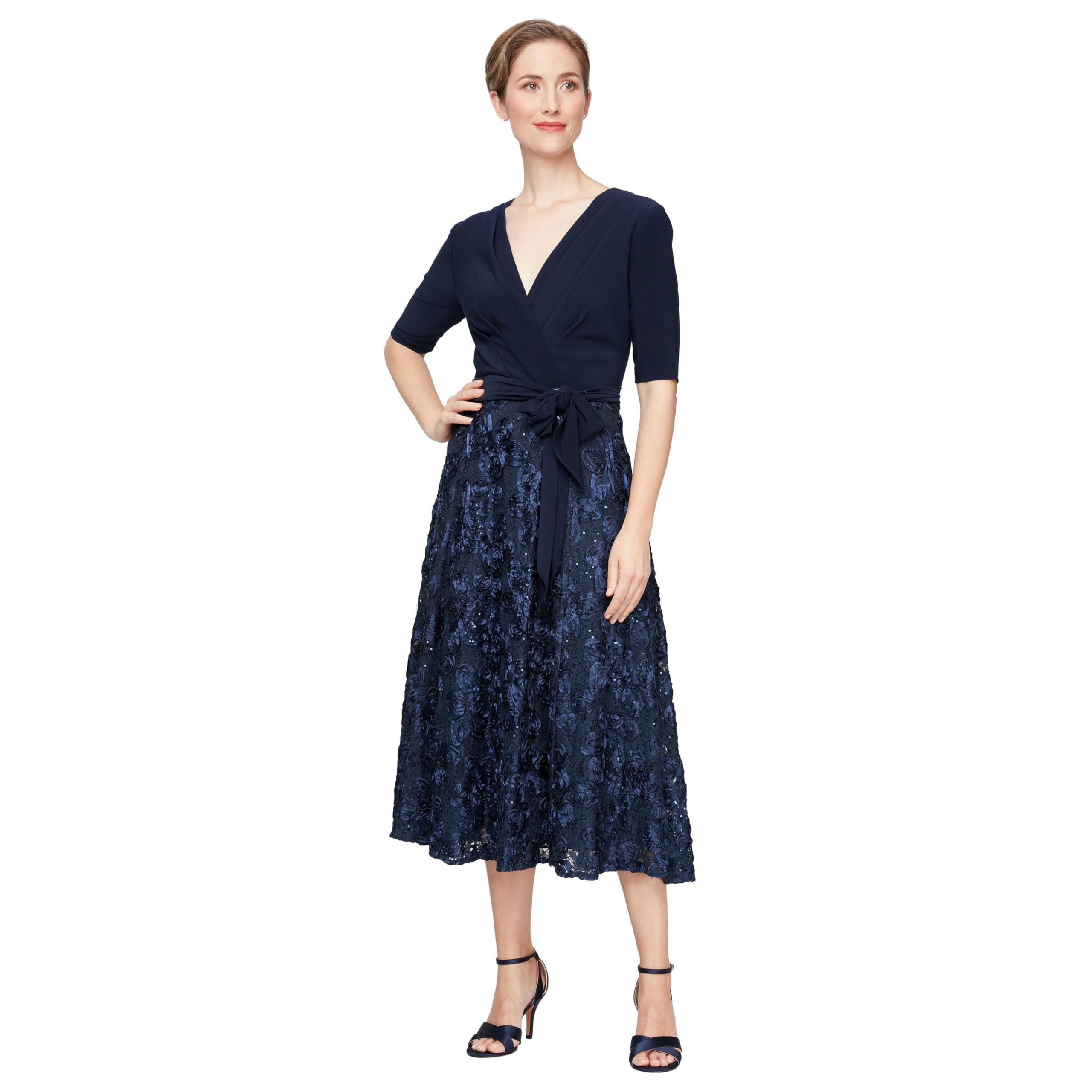 Alex Evenings Women's Tea Length Dress with Rosette Detail (Petite and Regular) 