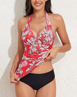 Womens Halter Neck Backless Tummy Control Ruched 2 Piece Tankini Set
