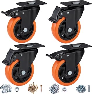 Casters, 4" Caster Wheels，Casters Set of 4 Heavy Duty - ASRINIEY Orange Polyurethane Castors, Top Plate Swivel Wheels, 4-Pack Industrial Casters with Brake, Locking Casters for Furniture and Workbench