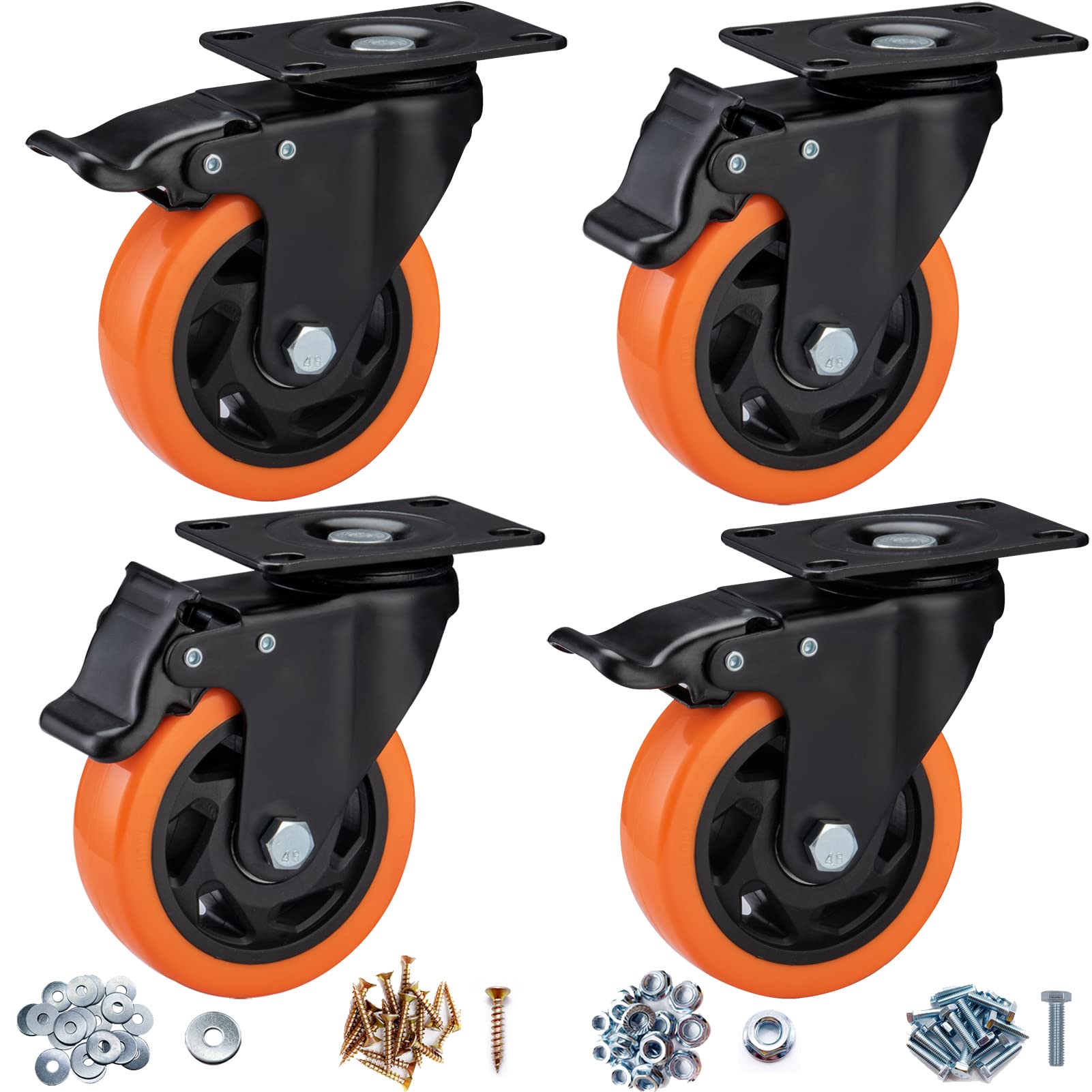 Casters, 4" Caster Wheels，Casters Set of 4 Heavy Duty - ASRINIEY Orange Polyuret