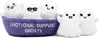 Emotional Support Ghosts, Cuddly Stuffed Animals by Relatable | Halloween Ghost Plush Toys & Cute Stuff, Halloween Gifts for All Ages, Includes 5 Plushies with Basket