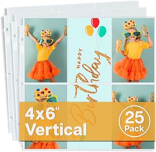 Dunwell 12x12 Scrapbook Page Protectors, 4x6 Photo Sleeves for 3 Ring Binder, 25-Pack Vertical Photo Album Refill Pages, Holds 300 Pictures, 13-1/8" x 12-5/8", Fits 12x12 3-Ring &amp; D-Ring Albums