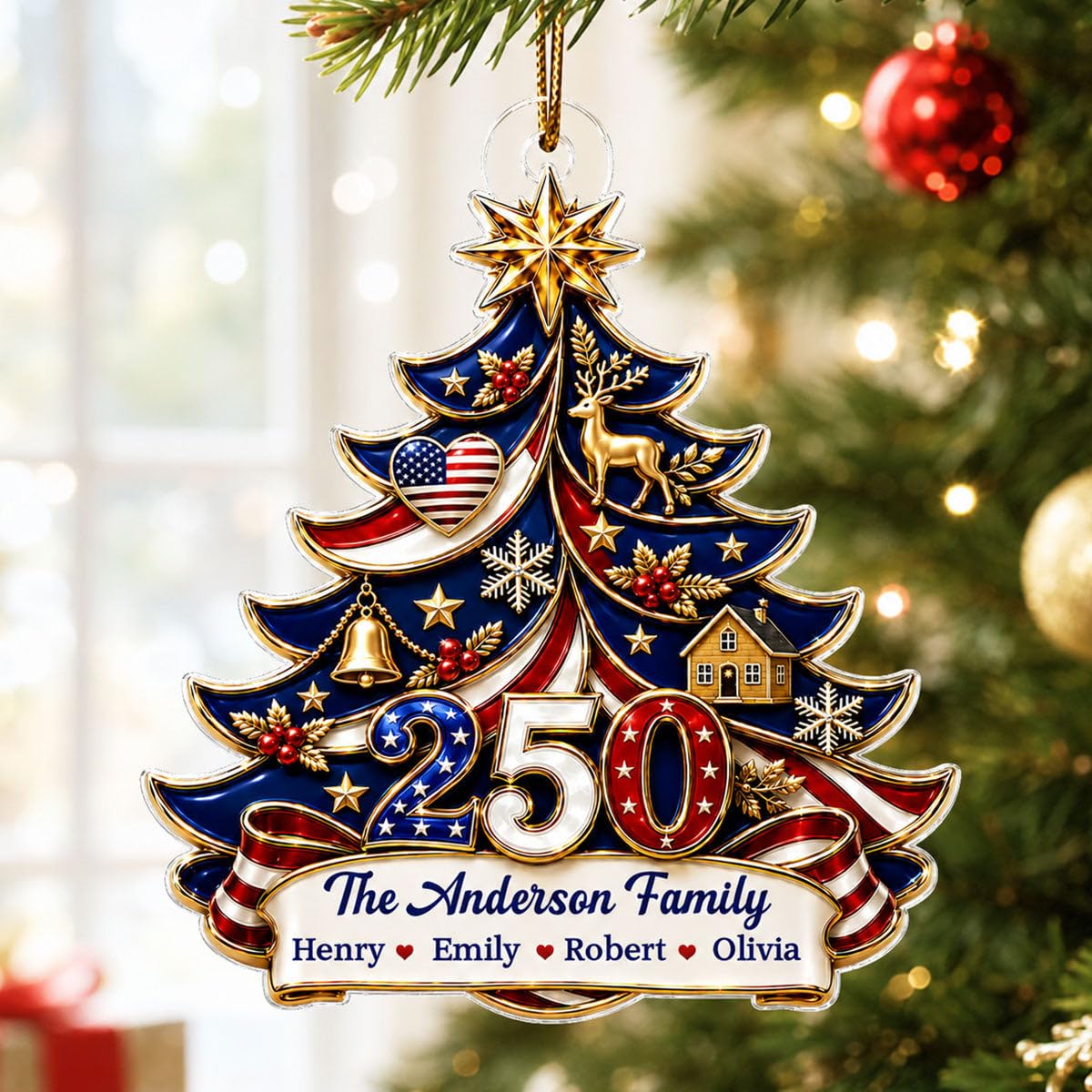 Personalized 250 Anniversary Christmas Ornament 1776-2026, Family Name USA Flag 