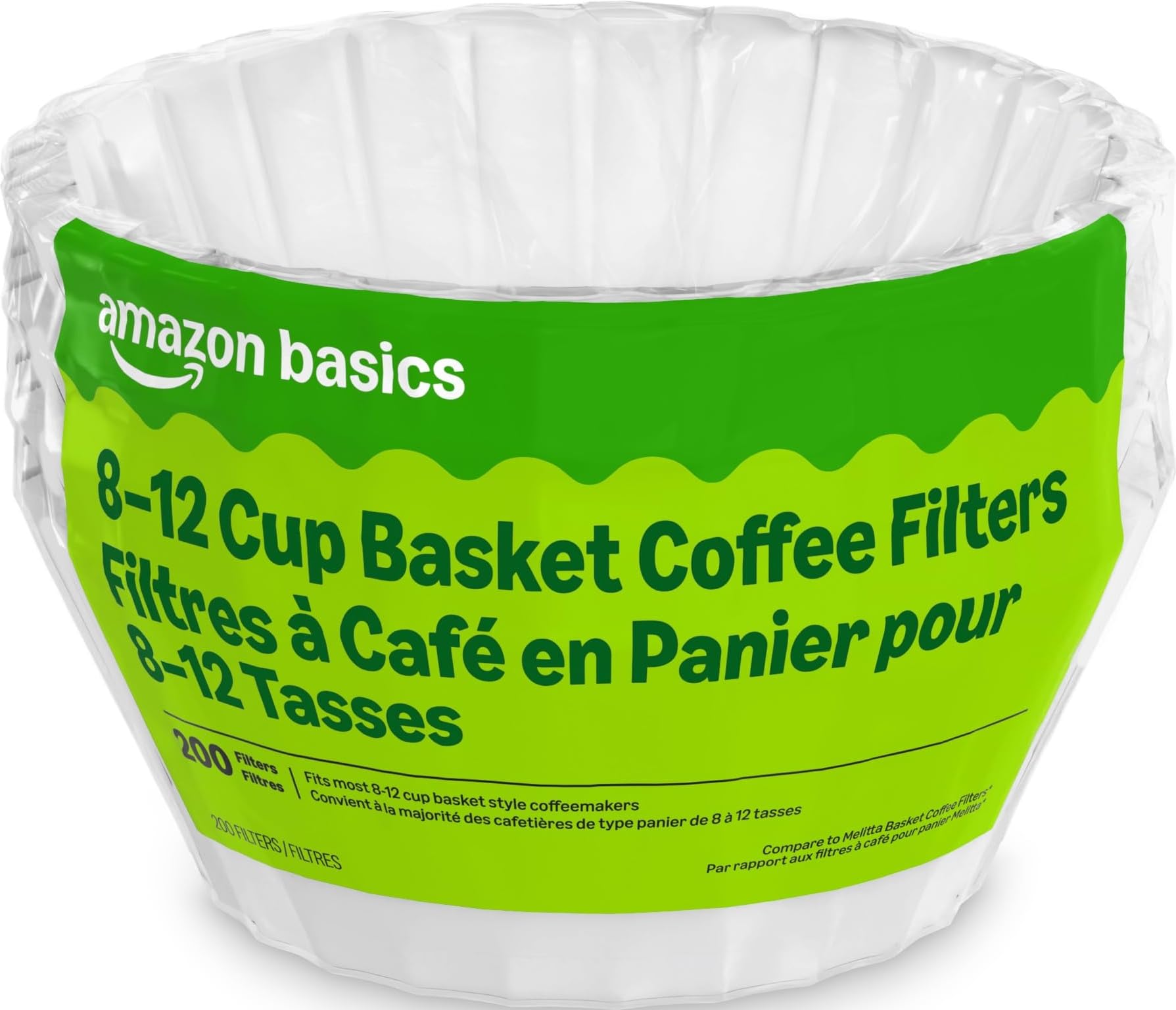 Amazon Basics Basket Coffee Filters for 8-12 Cup Coffee Makers, White, 200 Count