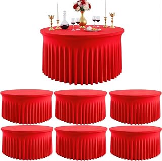 Outpain 6 Pack Spandex Red Round Tablecloths for 60in Tables, 120Inch Stretchy Fitted 5FT Round Table Clothes,Wrinkle Free Table Cover with Skirt for Wedding Party Dining Banquet