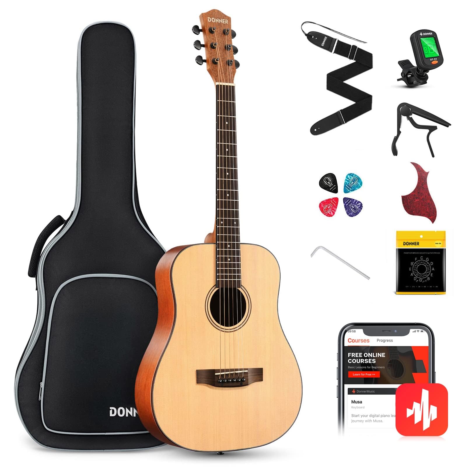Donner 3/4 Acoustic Guitar Kit 36 Inch Dreadnought Acustica Guitarra Bundle for 