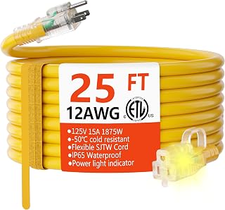 HUANCHAIN 12 Gauge Heavy Duty Outdoor Extension Cord 25 FT Waterproof | 25 Foot 12 Gauge Outdoor Extension Cord with Lighted, Heavy Duty Extension Cord Waterproof with Hook, 15A 1875W 125V, ETL