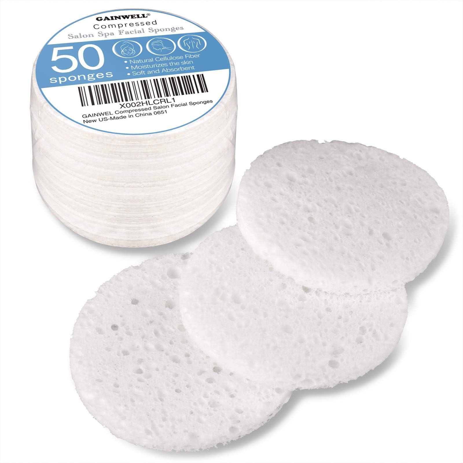 GAINWELL 50-Count Compressed Facial Sponges, White Cellulose 100% Natural Cosmet