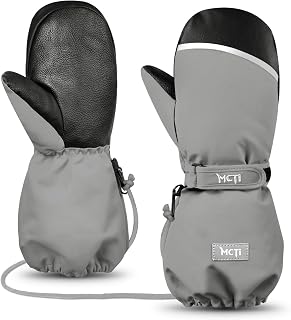 MCTi Kids Mittens Waterproof Winter Ski Warm Sherpa Lined Long Cuff with String Gray S