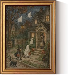 ARPEOTCY Vintage Halloween Wall Art, Cute Ghost Canvas Prints 16x12 in | Funny Ghost Home Decor Trick-or-Treat for Bedroom Bathroom, Whimsical Gold Framed Fall Rustic Spooky Pumpkin Pictures