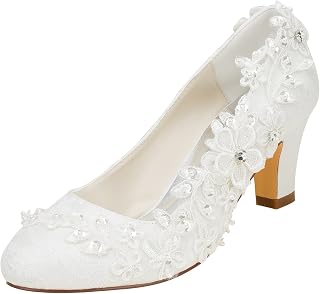 Women's Bridal Shoes Satin Silky Wide Heel Pumps with Lace Flower Crystal Pearl