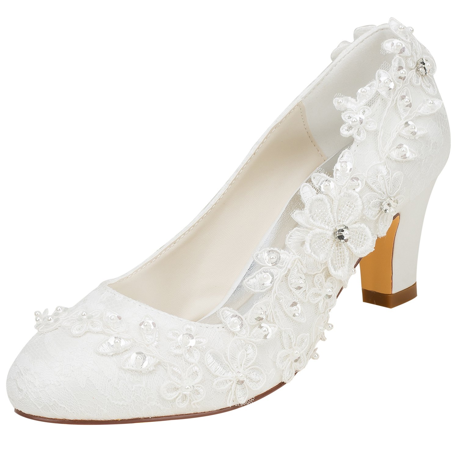 Women's Bridal Shoes Satin Silky Wide Heel Pumps with Lace Flower Crystal Pearl