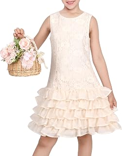 Sunny Fashion Girls Dress White Lace Flowy A-line Tiered Sleeveless Sundress Wedding Party Size 7-14 Years