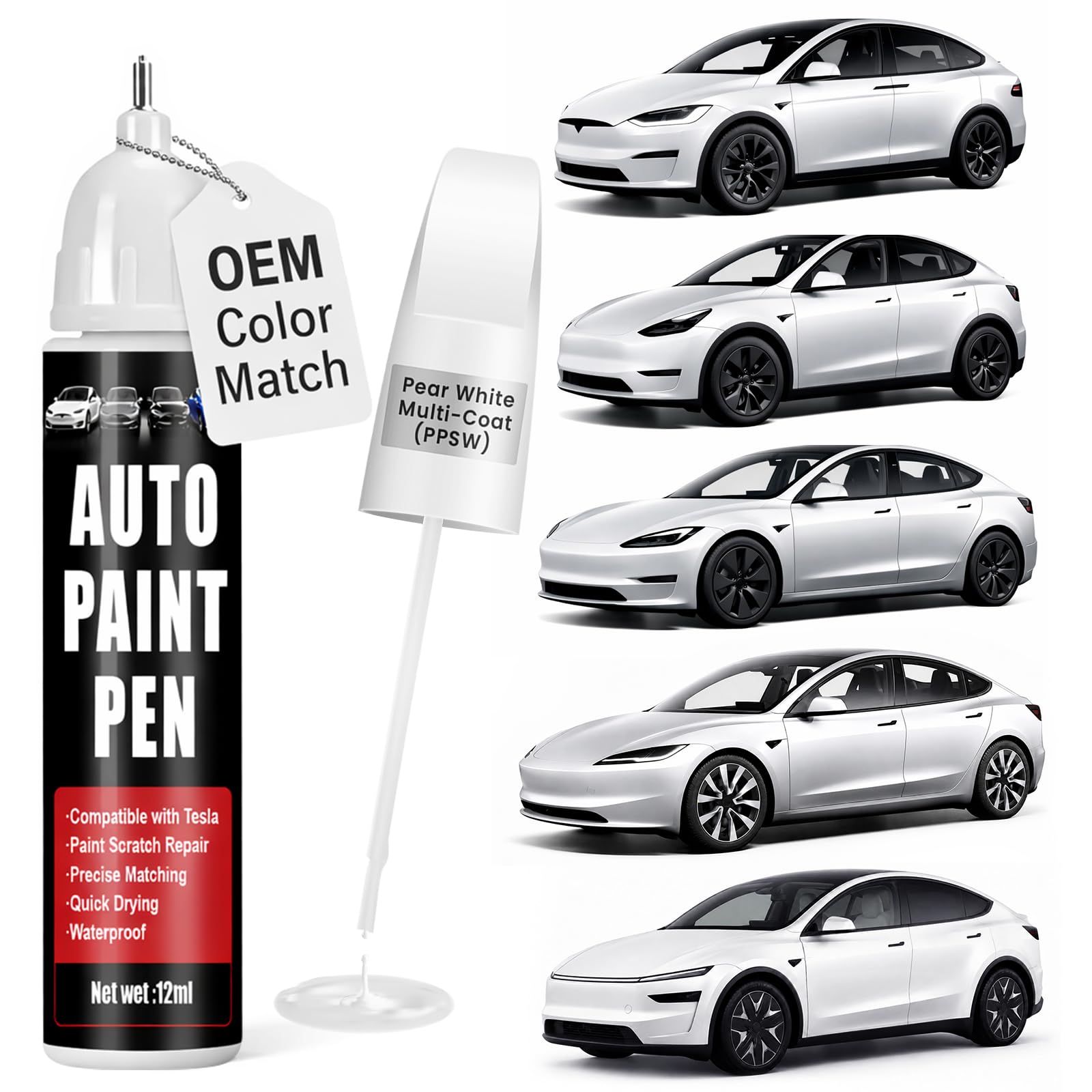 Touch Up Paint for Cars (Pearl White Multi-Coat PPSW), Compatible with Tesla Mod