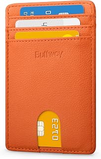 Buffway Mens Slim Wallet, Minimalist Thin Front Pocket Leather Credit Card Holder with RFID Blocking for Work Travel