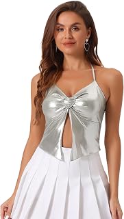 Allegra K Metallic Cami Women's Halloween Halter Y2K Sparkle Tank Tops
