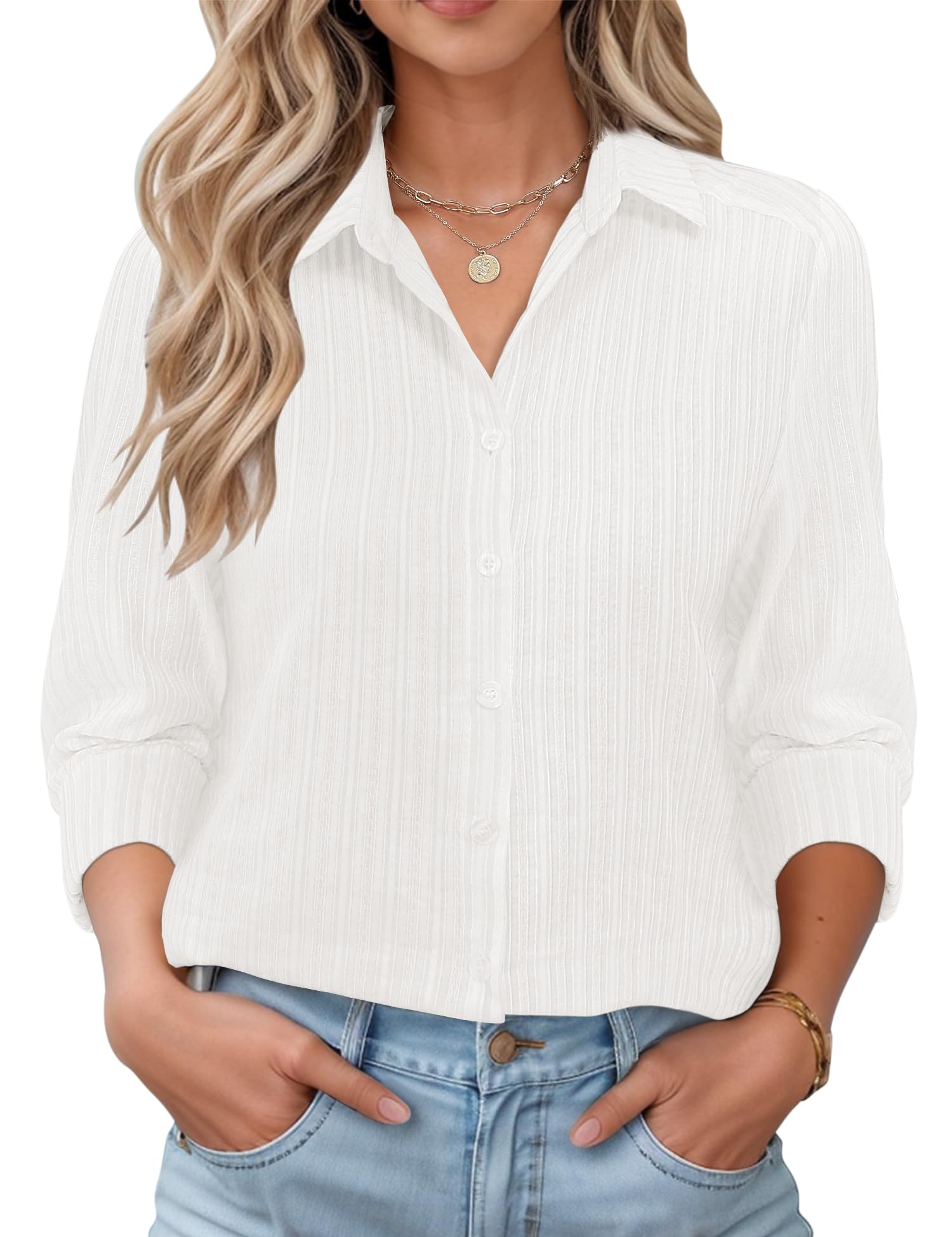 LOMON Womens Long Sleeve Button Down Shirts Casual Loose Fit Cotton Collared Blo