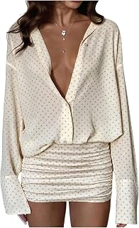 GORGLITTER Women's Sheer Going Out Dresses Mesh Long Sleeve Button Up Dress