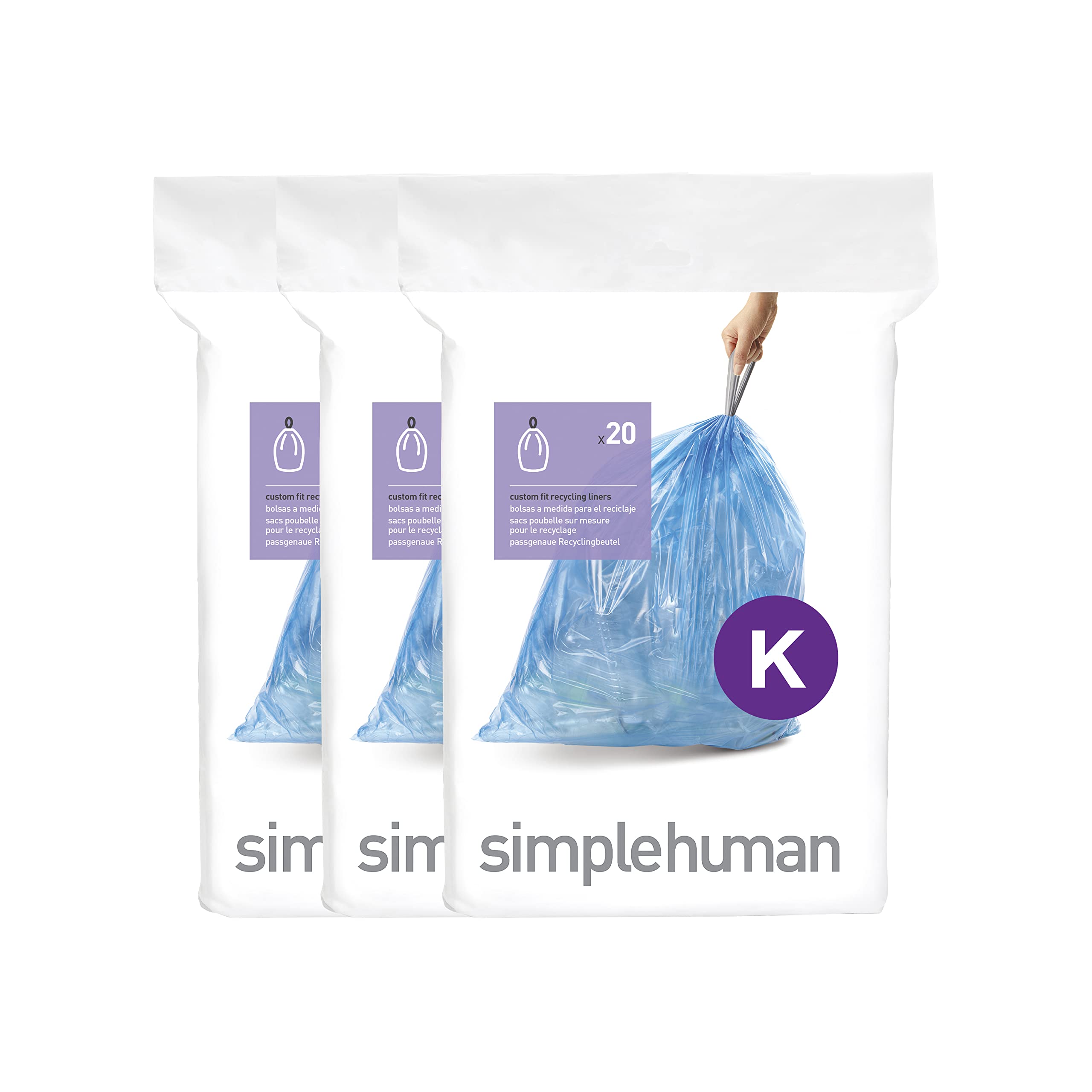 simplehuman Code K 60 Count, Dispenser Pack Custom Fit Liners, Drawstring Trash 