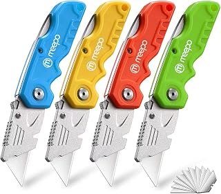 M MEEPO 4-Pack Box Cutter, Colorful Folding Utility Knife w/ 10 pcs Blades | Tough Design, Razor Sharp Blade, Comfortable Handle, Can cut Drywall, Sheet Plastic, Linoleum, Boxes, Rope