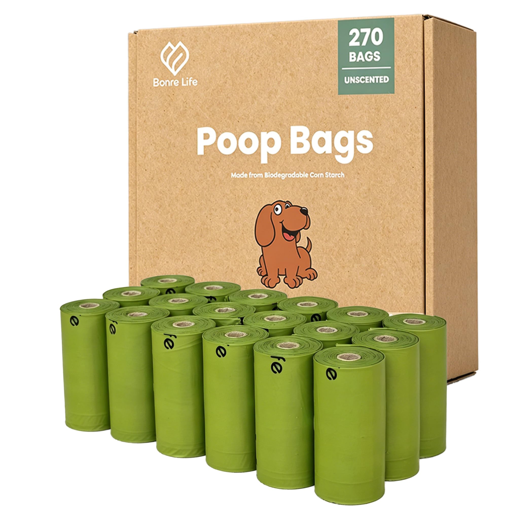 Dog Poop Bags, 270 Count, Corn Starch, Thick & Leak-Proof, Green